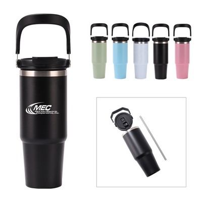 30 Oz Stainless Steel Insulated Tumbler With Handle And Straw Lid