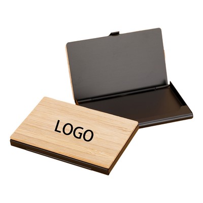 Metal Business Card Case With Wood Grain Flap