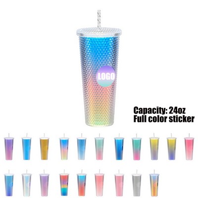 24oz Custom Double-Walled Plastic Studded Tumbler Cold Drink Cup w/Straw & Lid