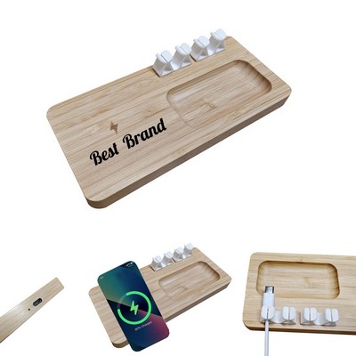 Bamboo 10W Wood Phone Wireless Charger with Cable Organizer