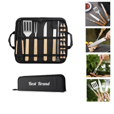 Stainless Steel BBQ Set with Wooden Handles and Storage Bag