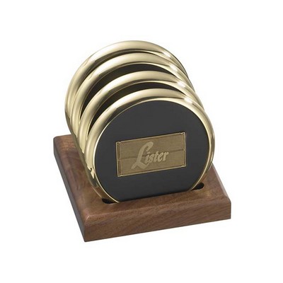 4 Round Solid Brass Coasters w/Solid Walnut Wood Upright Stand