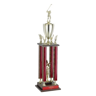 34" Maroon Red Moonbeam 4-Column Trophy w/Eagle Trim, Cup, Takes Figure & Insert