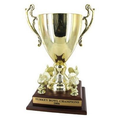 16" Gold Metal Turkey Bowl Trophy w/Walnut Finish Base