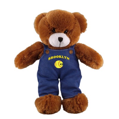 Soft Plush Stuffed Mocha Teddy Bear in denim overall.