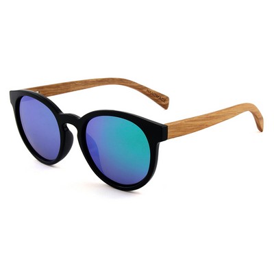 Rounded Zebra Wood Sunglasses - Black Frames & Mirrored Lenses