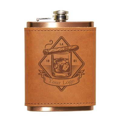 8 Oz. Copper Coated Stainless Flask w/ Full-Grain Leather Wrap / Gift box