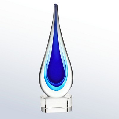 Glass Blue Teardrop Award with Crystal Base, Small (8"H)