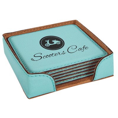 Teal Leatherette Square 6-Coaster Set