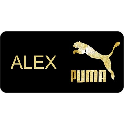 Enameled black badge, Frameless Badge w/ gold engraved printing (1 1/2" x 3")