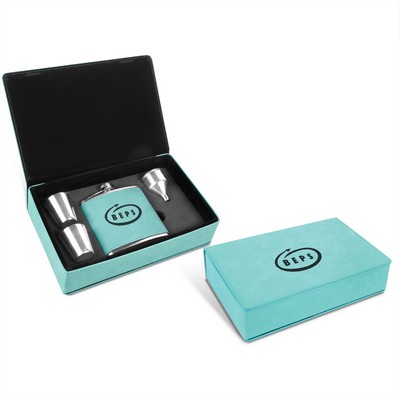 Leatherette Flask Gift Set (Teal Green)