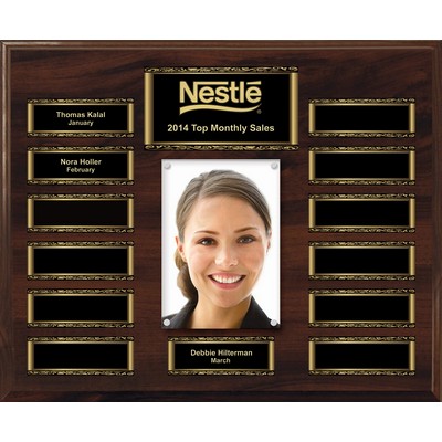 Walnut Finish 13-Plt Magnetic Scroll Border Photo Plaque with Easy Perpetual Plt Release Program