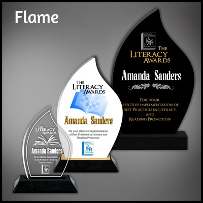 10" Flame Clear Acrylic Award with a Black Wood Base