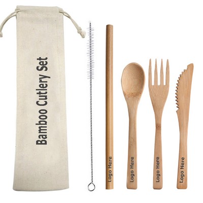 Bamboo Cutlery Set w/ Drawstring Bag