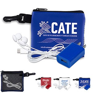 "TechMesh Charge" Mobile Tech Earbud & Charger Kit in Mesh Zipper Pouch