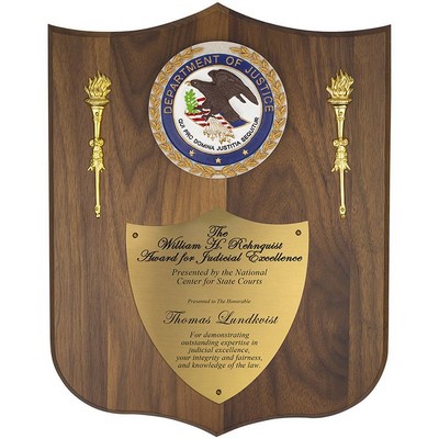 Walnut Veneer Shield Department of Justice Plaque (10½" x 13¼")