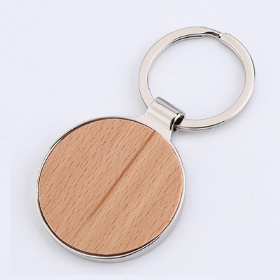 Round Wood Metal Keychain