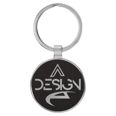 1 1/2" Laserable Leatherette/Metal Black/Silver Round Keychain