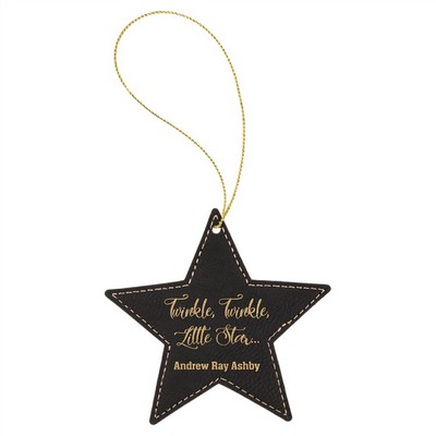 Black/Gold Laserable Leatherette Star Ornament with Gold String