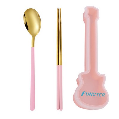 2 Piece Gold Stainless Steel Utensil Set with Guitar Shape Case