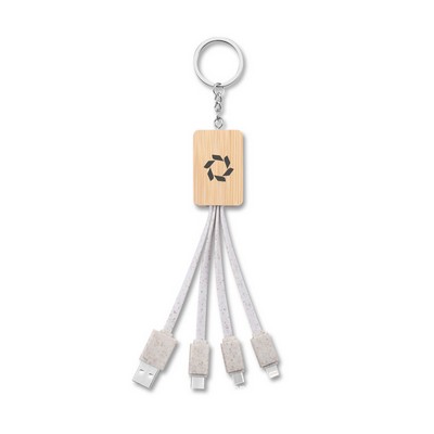 Natural Bamboo & Wheat Straw Three-In-One Charging Cable Keychain