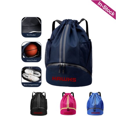 Sports Drawstring Backpack with Side Mesh Pockets and Shoes Compartment