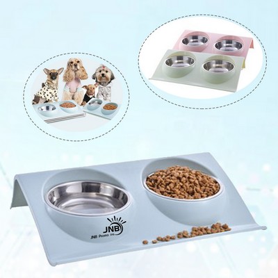 Pet Food Bowl with Stand Puppy Dog Feeding Non-Slip Tilt Plastic Set