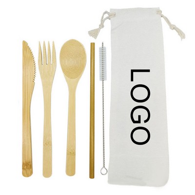 Reusable Eco-Friendly Bamboo Utensil Set W/Straw and Bag