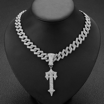 Silver Cuban Chain Silver Sword Pendant Necklace Diamond Studded Necklace