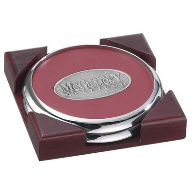 2 Round Solid Chrome Coasters w/Solid Cherry Wood Square Holder