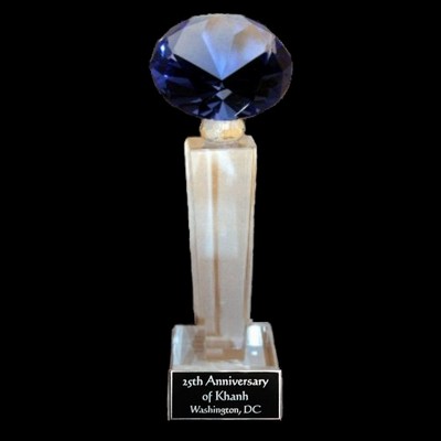 Crystal Engraved Award - 10" large - Tower with Blue Diamond