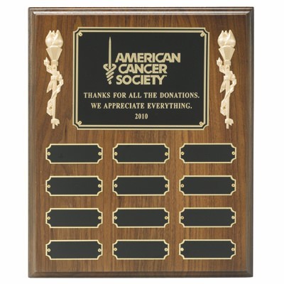 Walnut Finish Plaque w/12 Black Screened Name Plates (10"x12")