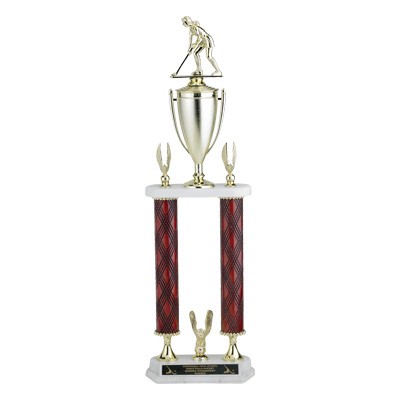 27½" Mahogany Finish 2-Column Trophy w/Eagle Trim, Cup, Takes Figure