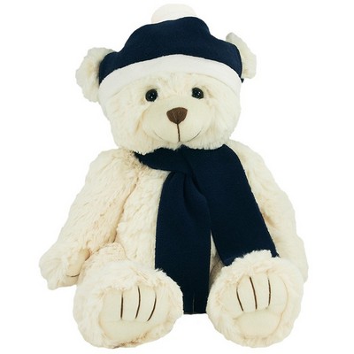 12" Winter Bear Stuffed Animal w/Navy Blue Winter Hat & Scarf