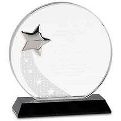 Round Optic Crystal Award w/Silver Star on Black Pedestal Base (6 1/4")