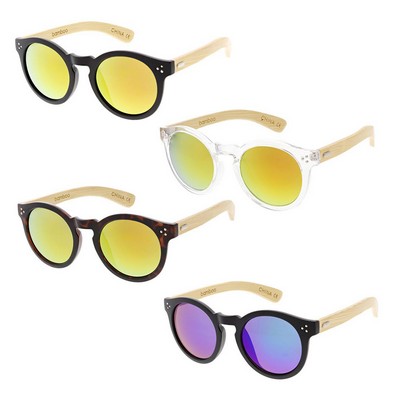 Hipster Unisex Large Round Bamboo Sunglasses w/Color Mirror Lens