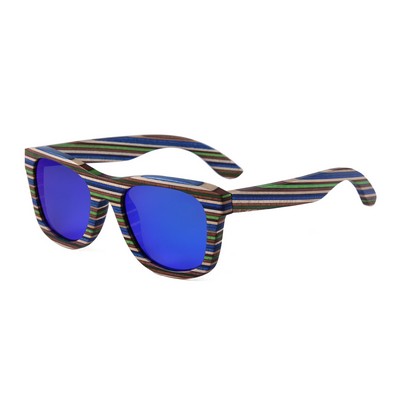 Layered Maple Sunglasses - Blue Mirror Polarized Lenses - Rainbow Wood Frames