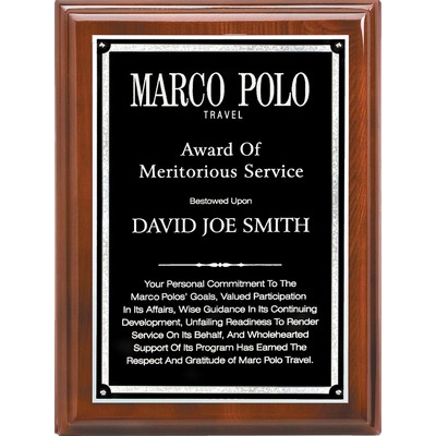 Walnut Piano Finish Plaque, Black-Silver Brass Plate, 8"x10"