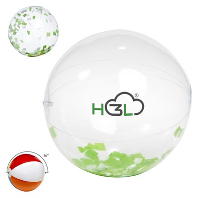 16" Green & White Confetti Filled Round Clear Beach Ball