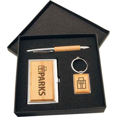 Silver/Wood Finish Gift Set with Business Card Case, Pen & Keychain