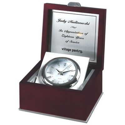 Rosewood Piano Finish Box Clock Silver bezel with brushed silver aluminum accents