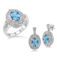 Jilco Inc. Oval Blue Topaz & Diamond Earrings & Ring Set