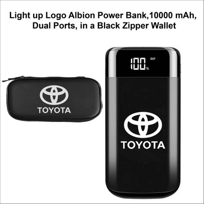 Albion Light Up Logo Power Bank, 10000 mAh, Dual Ports. Supplied in a Black Zipper Wallet