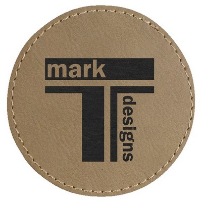 Round Engraved Patch with Adhesive, Light Brown Faux Leather, 3" diameter