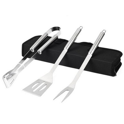 3-Piece Stainless Steel BBQ Tool Set W/ Zipper Pouch