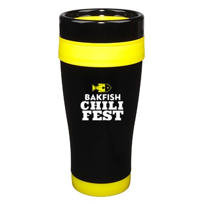 14 Oz. Formula Seven Stainless Steel Travel Mug with Black Lid And Yellow Accents