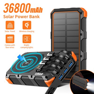 36800mAh Wireless Charger Solar Power Bank w/Flashlight