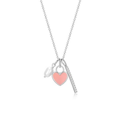 Diamondlite Cubic Zirconia, Pearl and Enamel Heart Multi-Charm Necklace - Silver