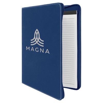 9 1/2" x 12" Blue/Silver w/Zipper Laserable Leatherette Portfolio with Notepad