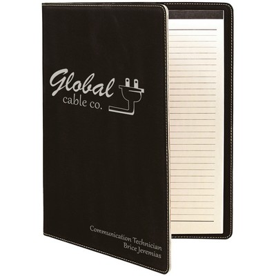 9 1/2" x 12" Black/Silver Laserable Leatherette Portfolio with Notepad